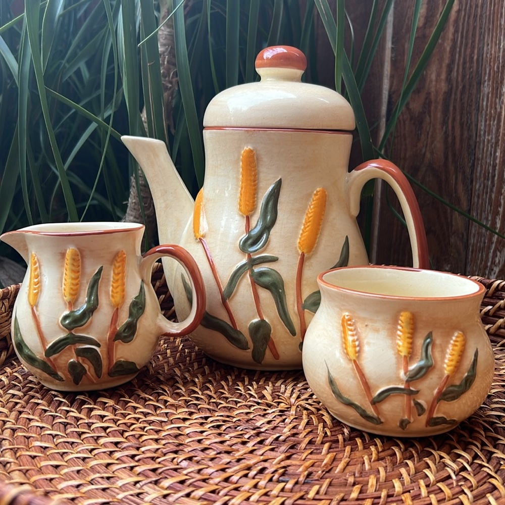 Vintage Stoneware LP Laurentian Pottery Canada Teapot Sugar and Creamer Set